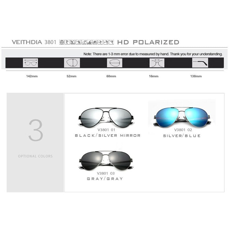 VEITHDIA Fashion Brand Designer Aluminum Magnesium Men's Sun Glasses Polarized Mirror lens Male Eyewear Sunglasses For Men 3801 - KiwisLove