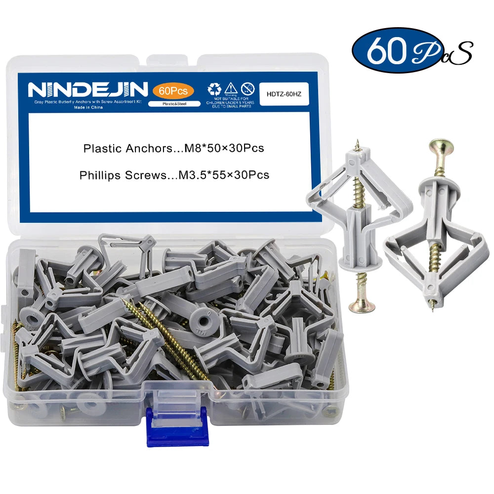NINDEJIN 60pcs/set Drywall Anchor kit Hollow Wall Anchors with Screws Plastic Wall Anchor Butterfly for Gypsum Board