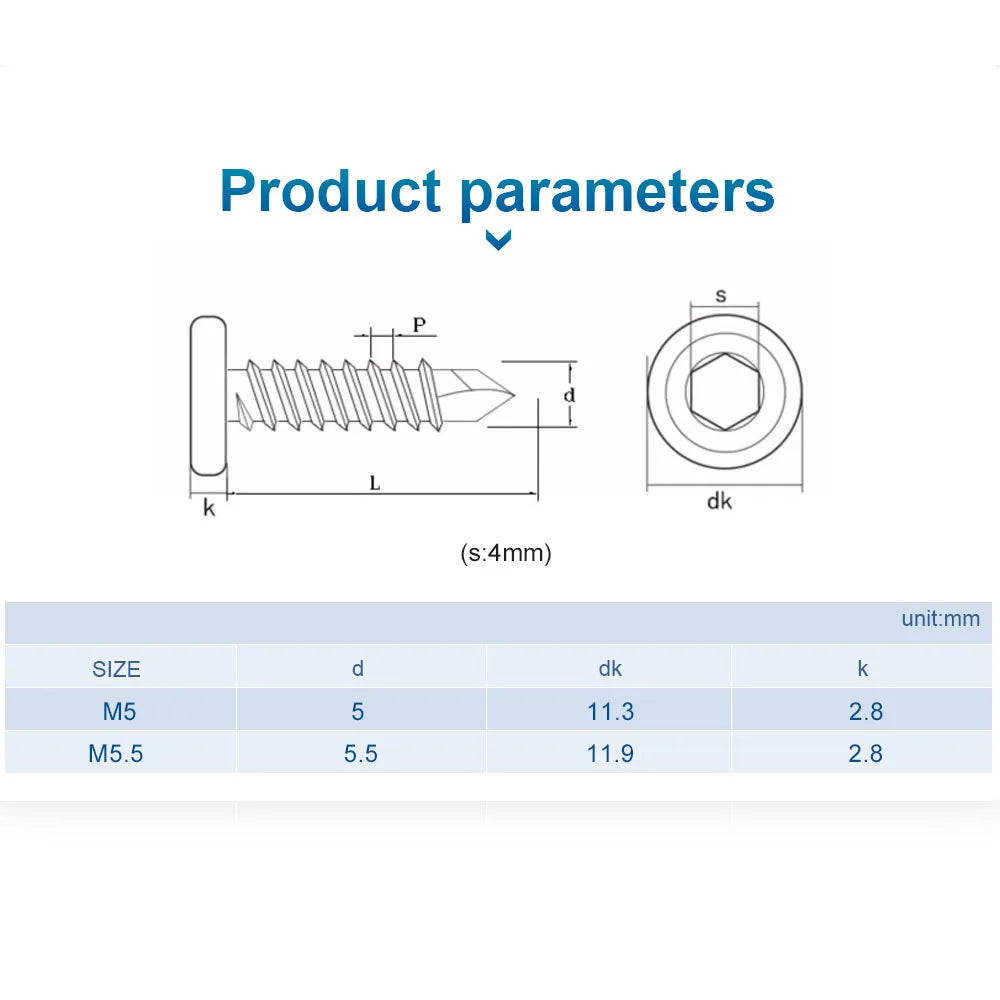 NINDEJIN 20pcs Flat Head Hex Socket Cap Self Drilling Screw Black Zinc 410 M5 M5.5 #12 Self Tapping Sheet Metal Screws