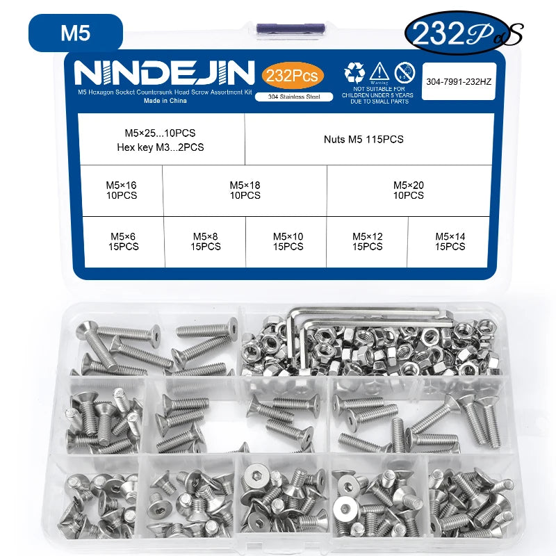 NINDEJIN Hex Hexagon Socket countersunk head screw kit m2 m2.5 m3 m4 m5 m6 stainless steel flat head bolt and nut screw set
