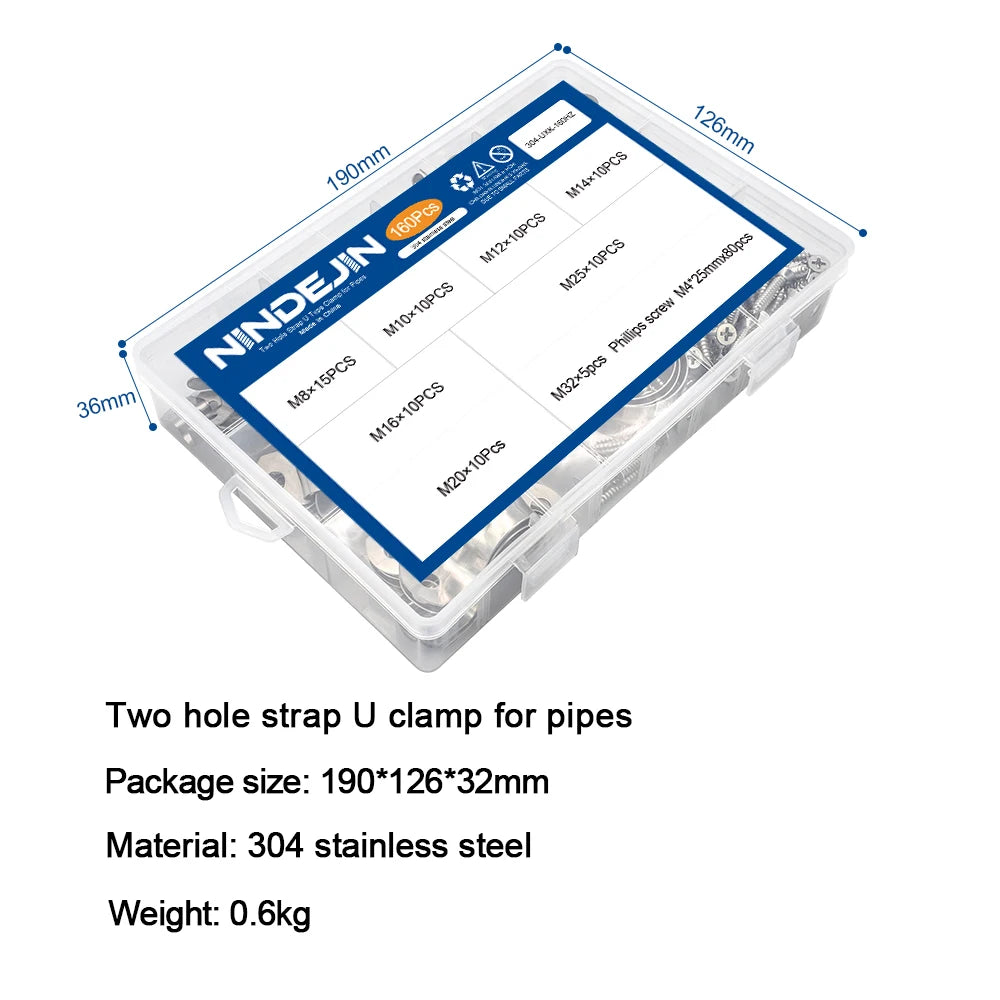 NINDEJIN 160Pcs/Set Pipe Straps U Clamp Bracket Tube Strap 8mm-32mm Stainless Steel Two Hole Strap For Pvc Pipe