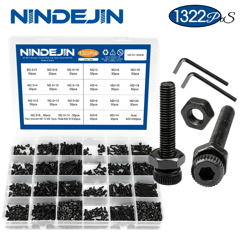 1322pcs/set small Allen bolt screw kit with nut m2 m2.5 carbon steel hex socket round flat cap head screw set