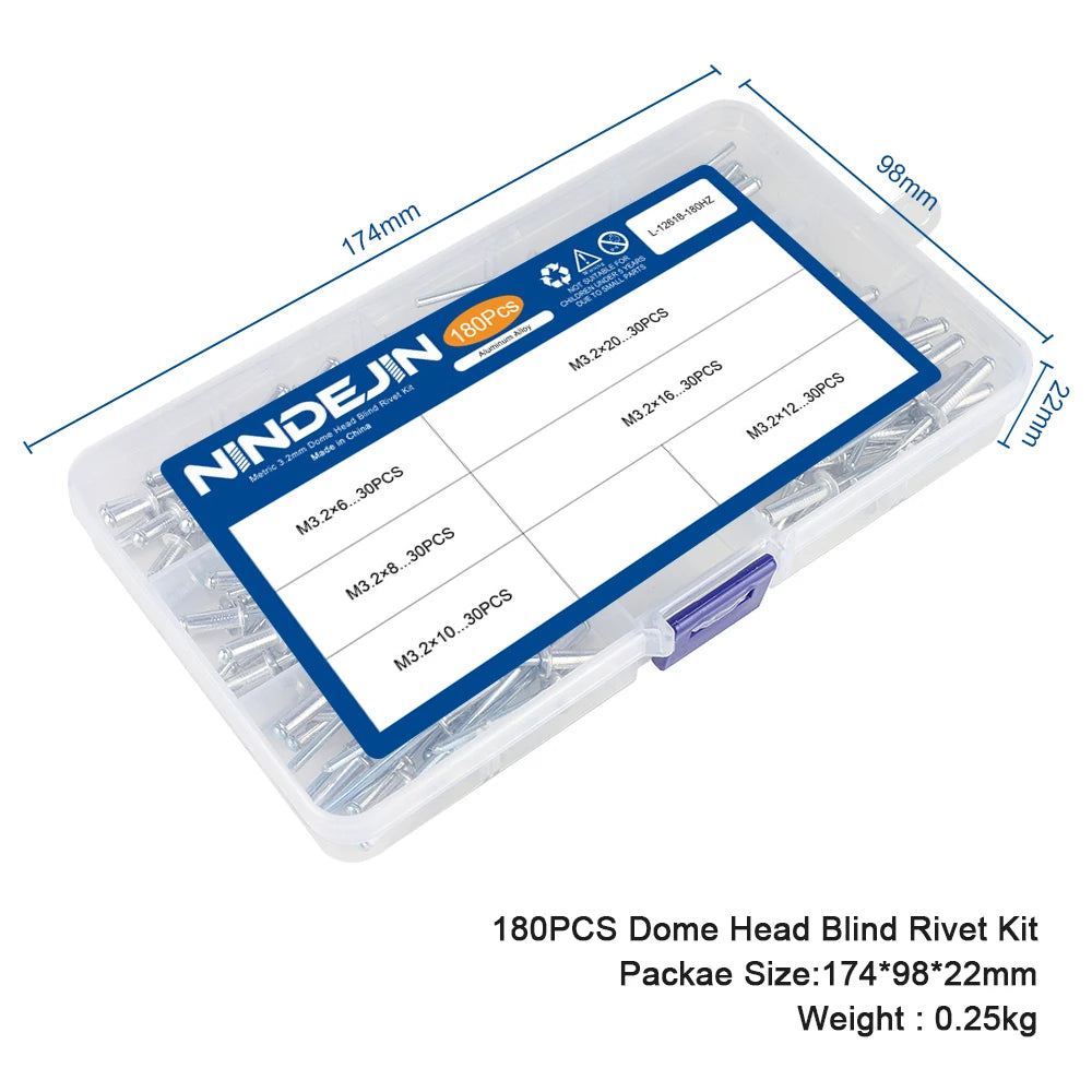 NINDEJIN Aluminium Blind Rivets Kit M3.2 M4 M4.8 Dome Head Aluminium Pop Rivets Assortment Kit Exhaust Rivets Set