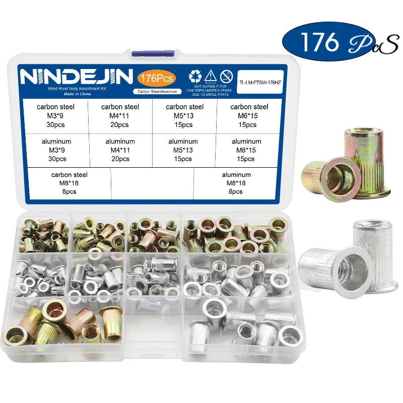 NINDEJIN Aluminum Rivet Nut Kit M3 M4 M5 M6 M8 M10 M12 Blind Rivnut Set Stainless Steel Carbon Steel Threaded Insert Nut Kit