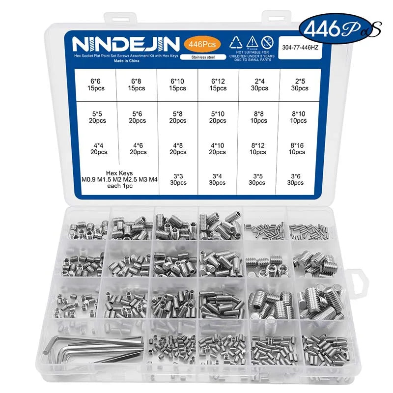 666pcs Hexagon Socket Flat Point Set Screw Stainless Steel Grub Screw Kit M2 M3 M4 M5 M6 M8 Headless Screw Assortment Kit