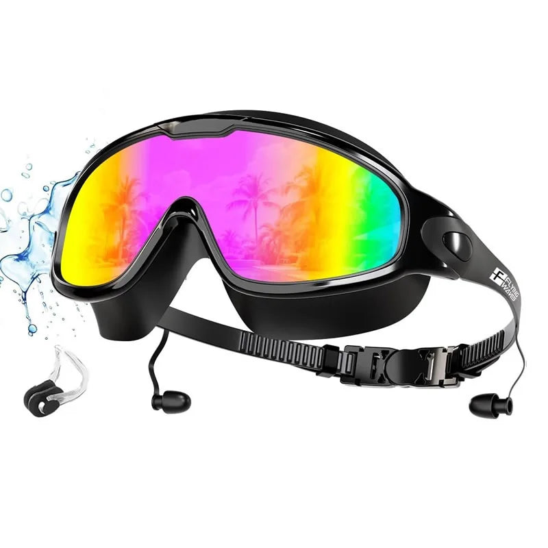New Adult Wide View Swim Goggles Anti-Fog Anti-UV No Leak Pool Swimming Glasses with Earplugs for Men Women Youth
