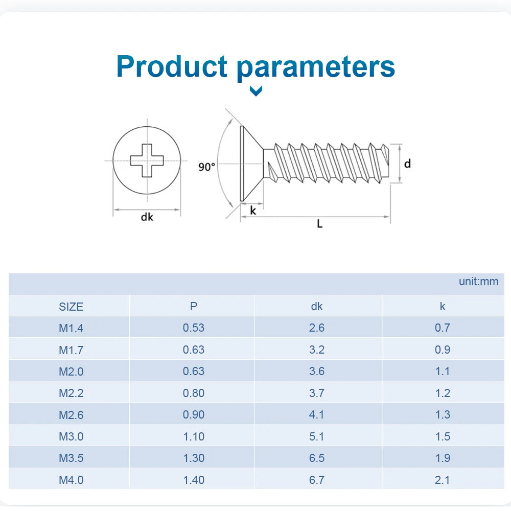 50-100pcs Cross Flat Head Self-tapping Screw Flat Tail M2 M2.3 M2.6 M3 M4 Black Plated Steel Phillips Tapping Screw for Plastic