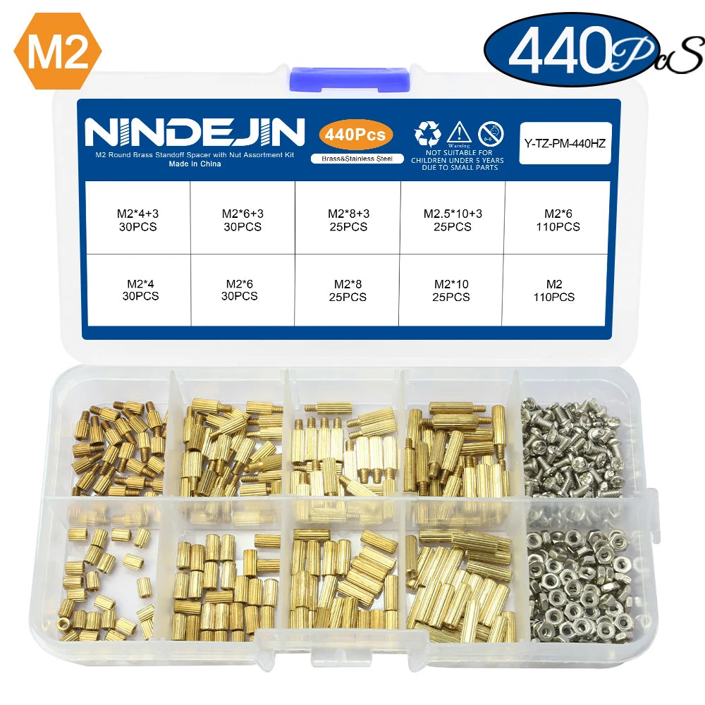 NINDEJIN 420/440Pcs Knurled Round Brass Standoff Spacer Kit M2 Male-Female Round Motherboard Pcb Standoff with Screws Nuts Set