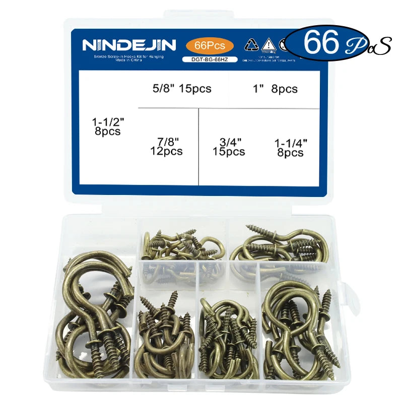NINDEJIN 66pcs Heavy-duty Screw Hooks Kit Carbon Steel Screw-in Hook Hanger Ceil Cup Hook for Hanging Mug Plant Decorative Screw