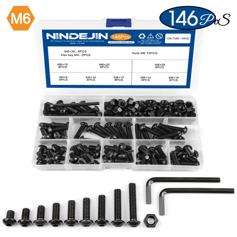 NINDEJIN hex hexagon socket button head screw nut carbon steel m2 m2.5 m3 m4 m5 m6 allen round head screw set bolt and nut set