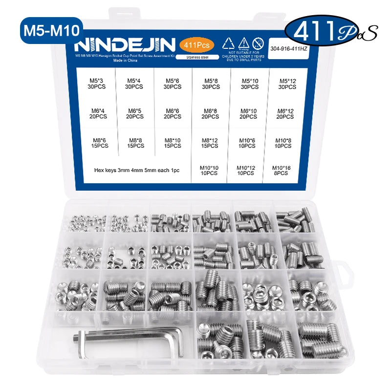 NINDEJIN 411pcs 1084pcs Hex Socket Grub Screw Kit M2-M10 Stainless Steel Cup Point Headless Set Screw Assortment Kit