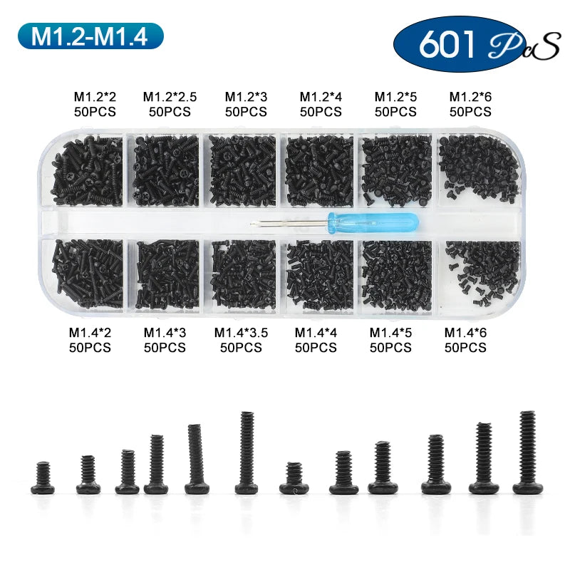 NINDEJIN Cross Phillips Mini Laptop Screw Set M1 M1.2 M1.4 M1.7 M2 M2.5 Black Micro Electronic Screw Kit for Computer Phone