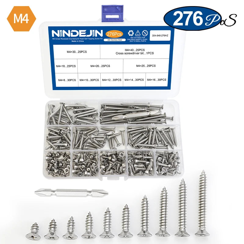 NINDEJIN Self Tapping Screw Set M3 M4 M5 Cross Flat Head Phillips Screw Assorted Kit Stainless Steel Wood Screw for metal sheet