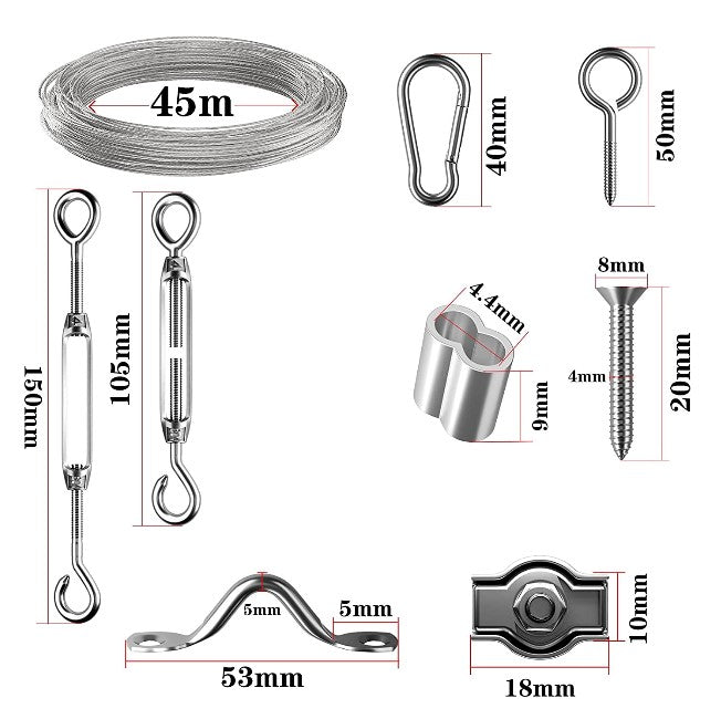 45m wire rope set 2mm PVC coated Cable eyelets turnbuckle tensioner - KiwisLove