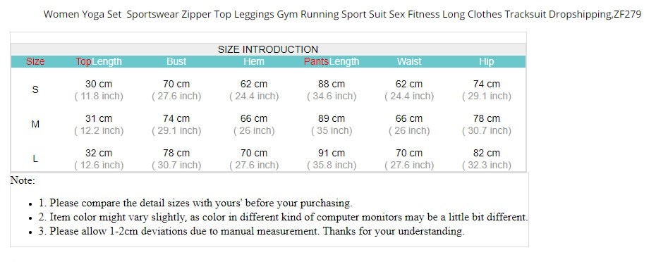 Women Yoga Set Sportswear Zipper Top Leggings Gym Running Sport Suit Fitness Long - KiwisLove