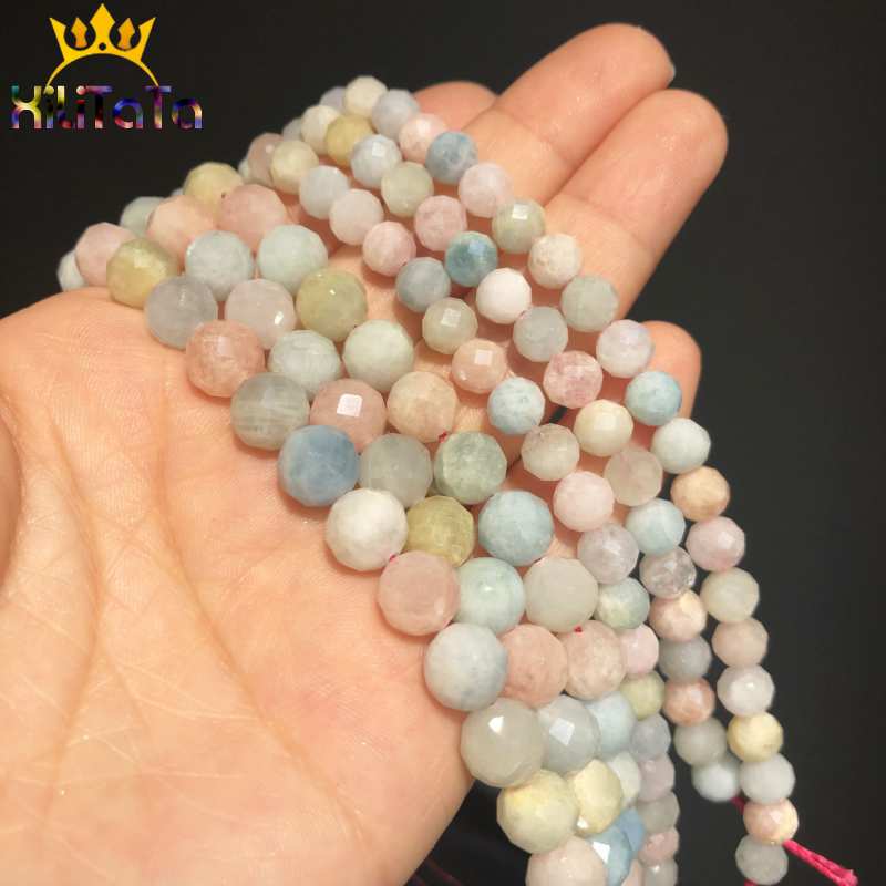 19cm Colorful Natural Morganite Stone Beads Faceted Round Loose Beads For DIY Jewelry Making Bracelets Accessories 15'' 6/8mm - KiwisLove