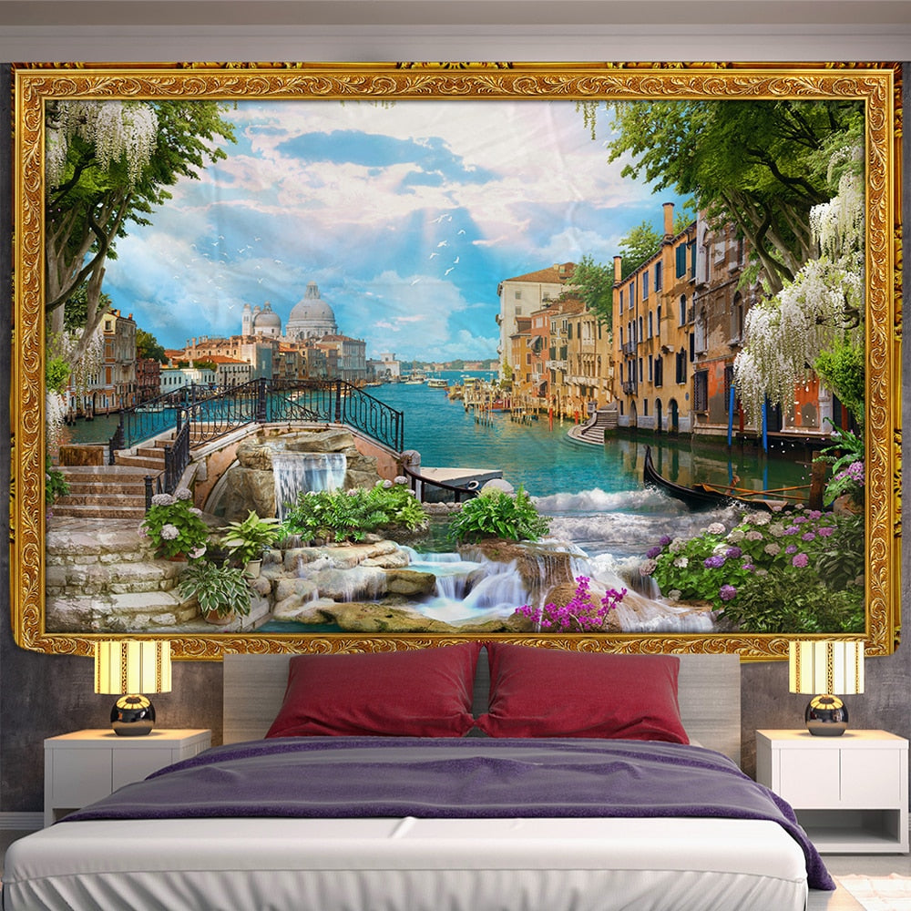 Fake Frame Tapestry Wall Hanging River Sky Clouds Bohemian Dorm Decor Yoga Mat Rug Architectural Attraction Venice - KiwisLove