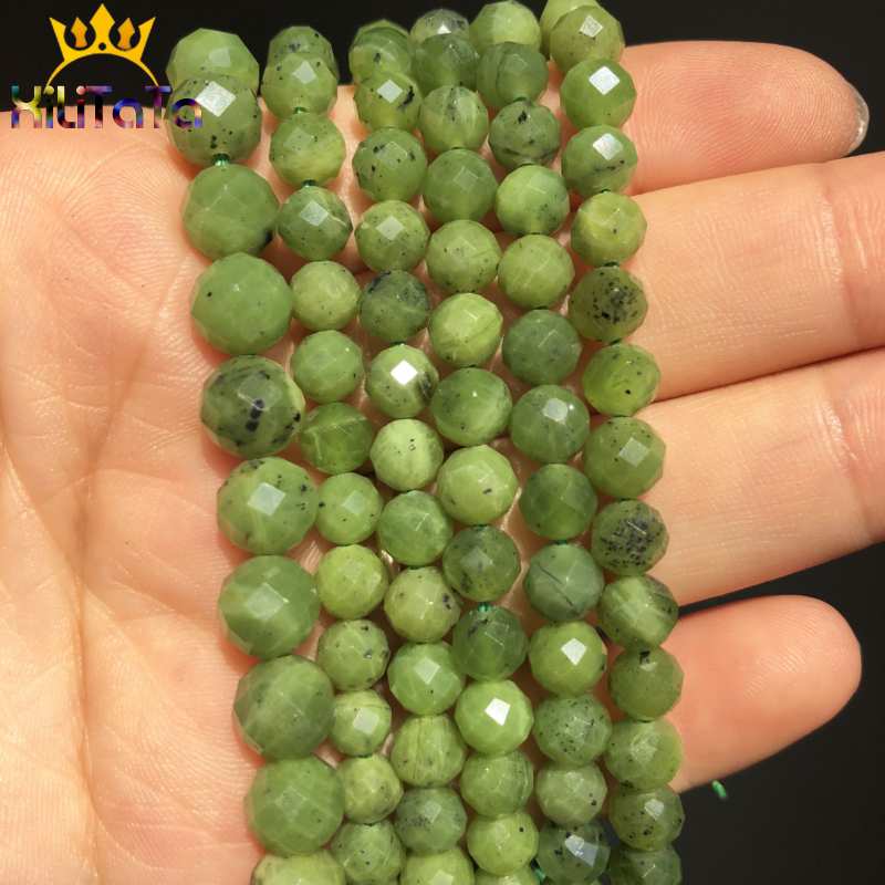 Natural Greenstone Canadian Jade Beads Faceted Round Jewelry Making DIY - KiwisLove