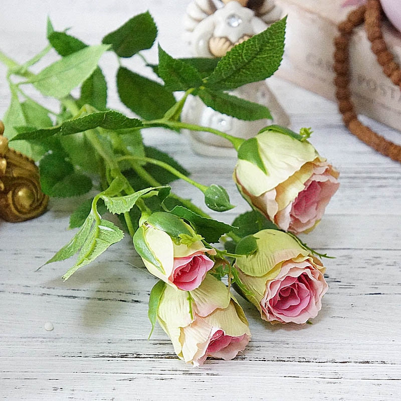 4 Heads Artificial Flowers Long Stem Wedding Decoration Silk Rose Fake Flowers Plastic Branches with Leaves Home Hotel Decor - KiwisLove