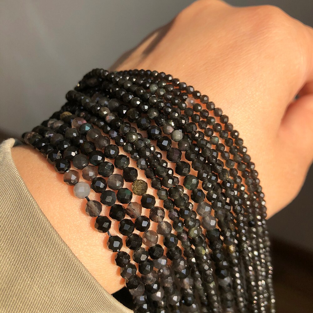 2 3 4mm Faceted Black Obsidian Jaspers Stone Round Loose Spacer Beads for Jewelry Making DIY Bracelet Earrings Accessories 15'' - KiwisLove