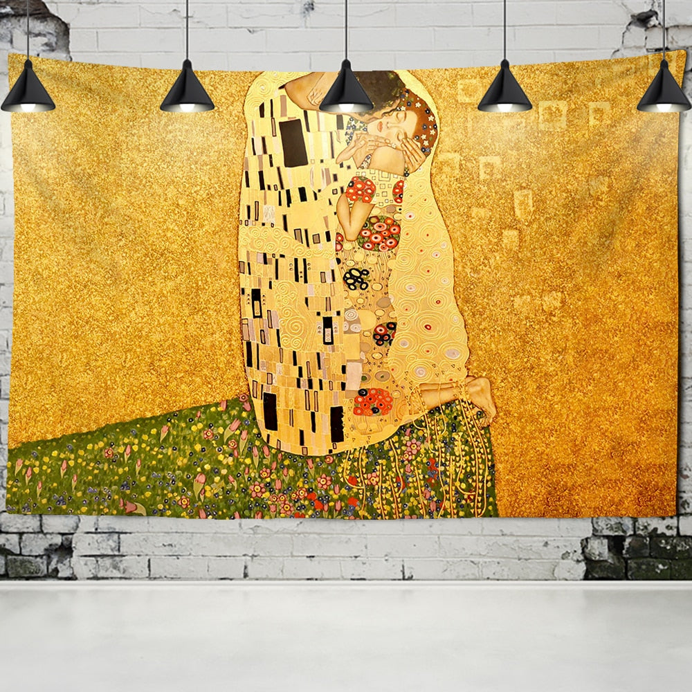 Gustav Klimt Tapestry Wall Hanging Kiss Of Gold Abstract Art Decoration Polyester Blanket Yoga Mat Home Bedroom Art - KiwisLove