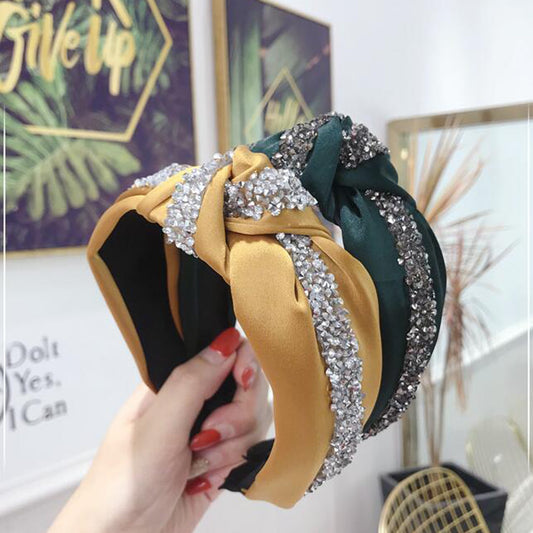 New Fashion Rhinestone Hairband Women Solid Wide Side Headband Middle Knot T - KiwisLove