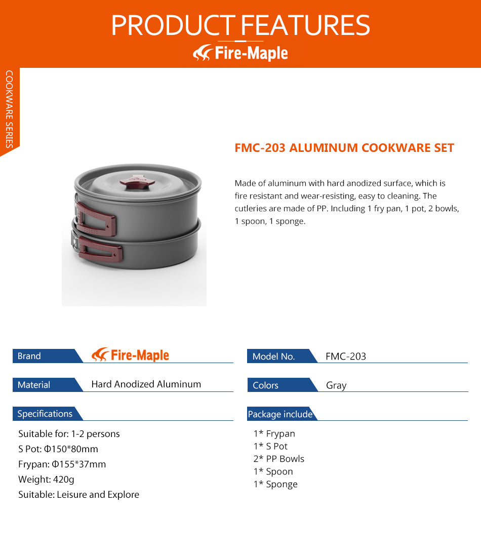 Fire Maple Camping fry pan pot spoon sponge + 2 bowls Set - KiwisLove