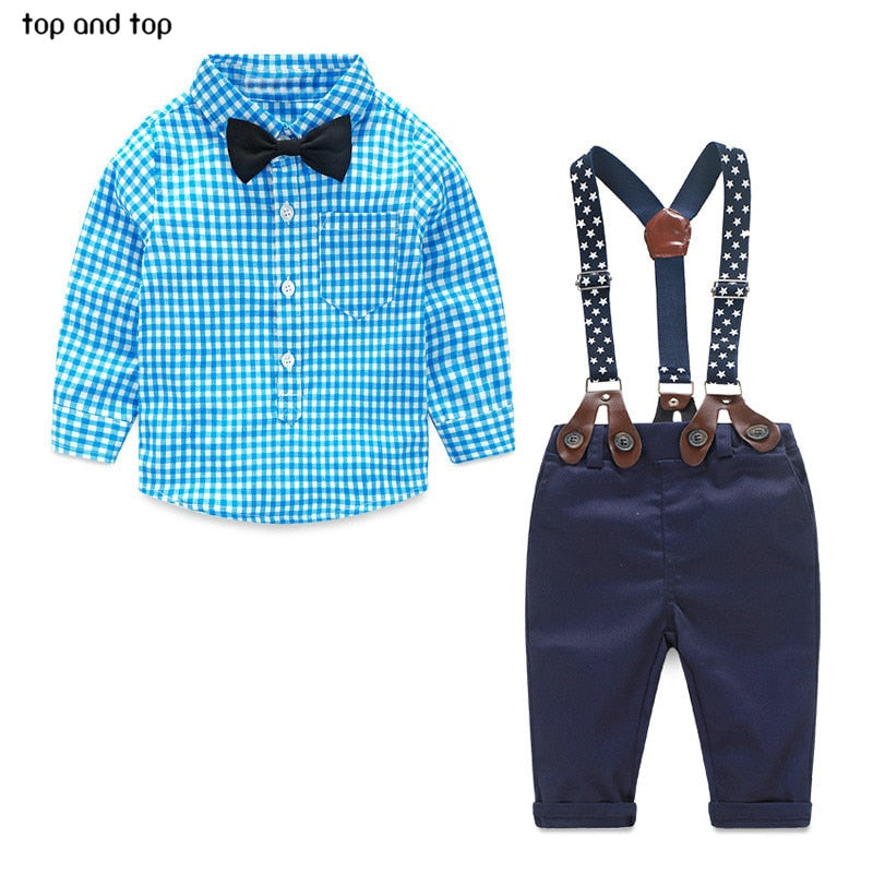 grid shirt + suspender newborn Long sleeve baby boy clothes Bowknot gentleman suit - KiwisLove
