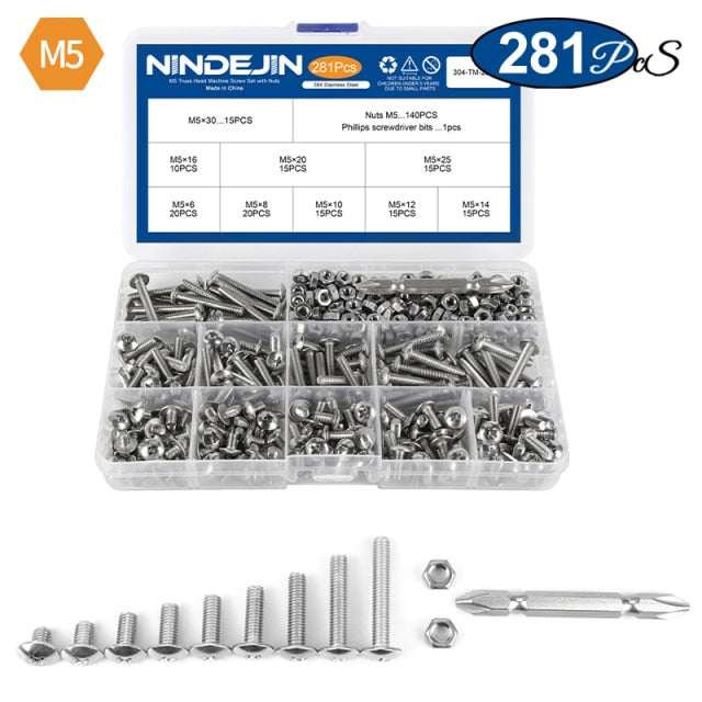 NINDEJIN Truss Round Head Screw Set Stainless Steel Phillips with Nuts - KiwisLove