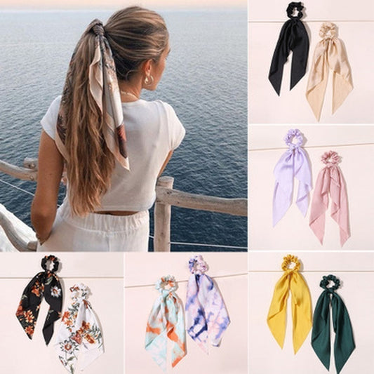Floral  Bow Satin Long Ribbon Ponytail Scarf Hair Tie Scrunchies - KiwisLove