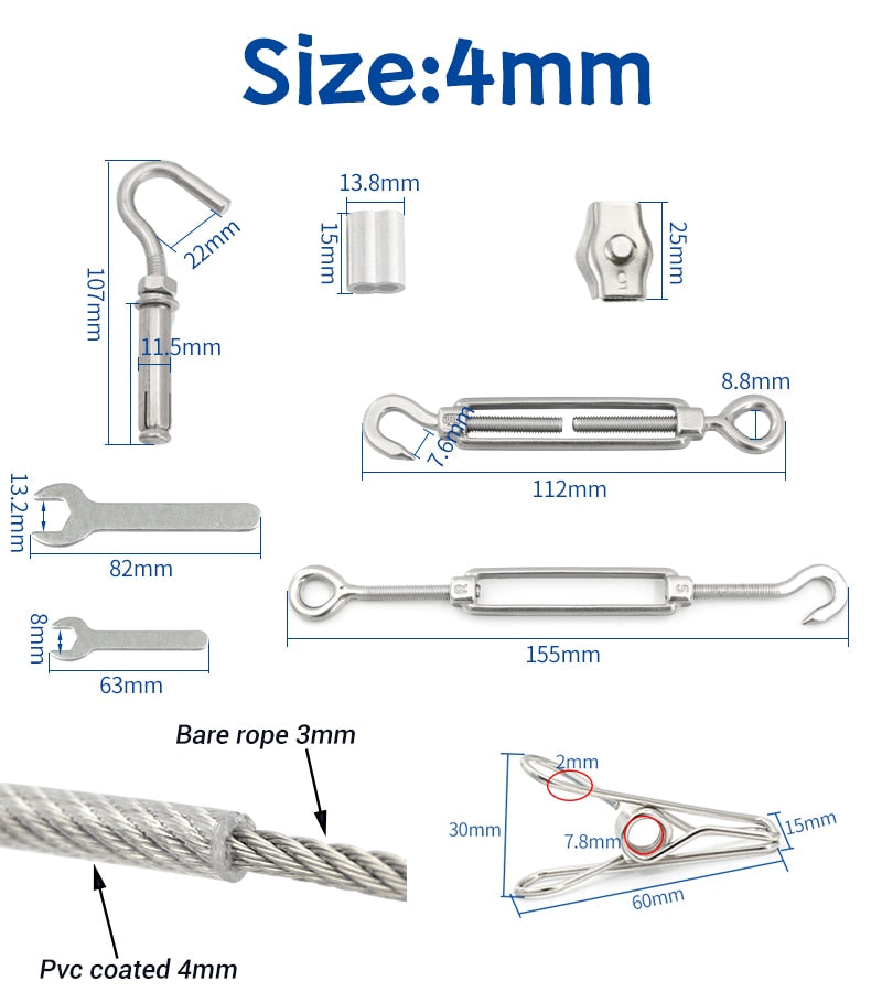 PVC Coated Wire Rope Soft Cable 304 Stainless Steel Kit Windproof clip - KiwisLove