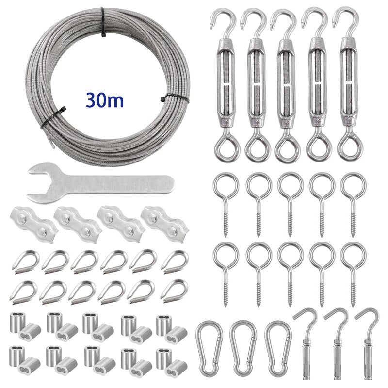 30M PVC Coated 2mm Wire Rope Cable Hooks Hanging Kit