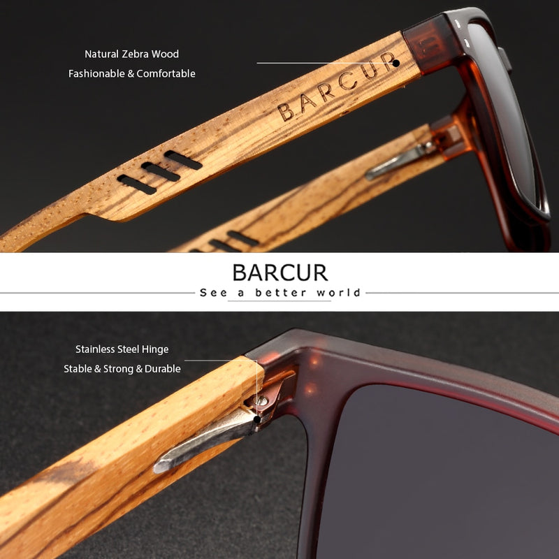 BARCUR Design Brand Wood Sunglasses Zebra Temple Wooden Sun Glasses Men Polarized Vintage Women Eyewear UV400 Protection - KiwisLove