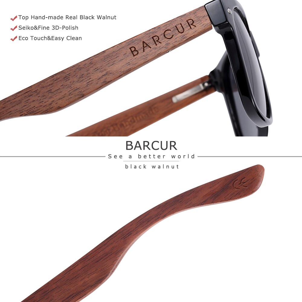 BARCUR Black Walnut Sunglasses High Quality Anti Blue Night Vision Men Women Mirror Sun Glasses UV400 Protection Free Wood Box - KiwisLove