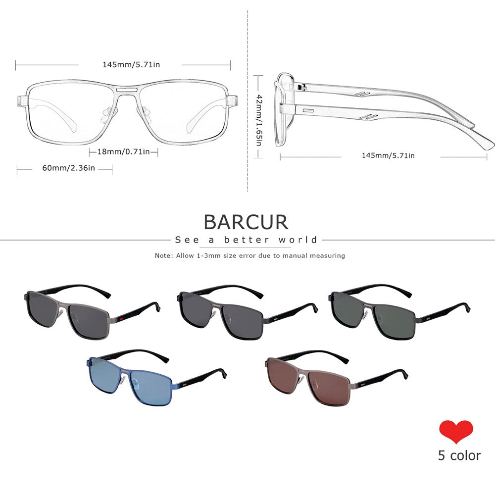 BARCUR Polarized Men Sunglasses Square Stainless Steel Frame TR90 Sun glasses Oculos De Sol gafas - KiwisLove