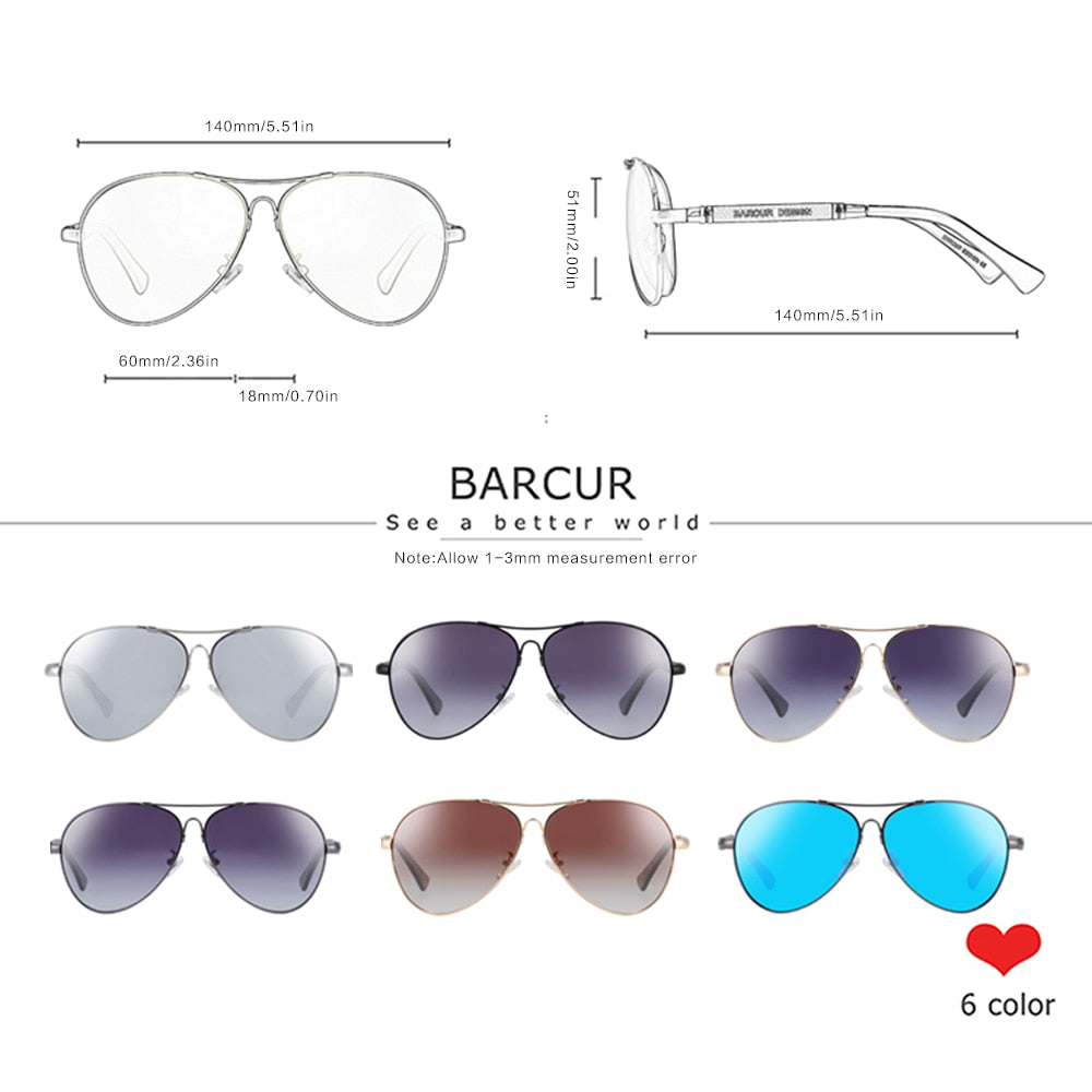 BARCUR Design Sun Glasses for Men Memory Alloy Frame Pilot Gradient Polarized Sunglasses Man Female Shades Oculos De Sol - KiwisLove