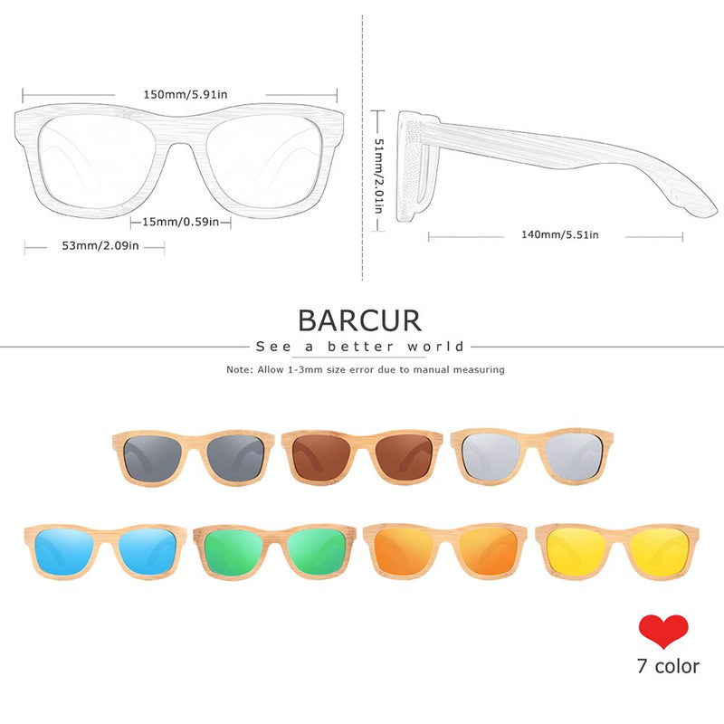 BARCUR Retro Square Men Sun Glasses Women Polarized Sunglasses Natural Bamboo Handmade Wood Sunglasses Beach Wooden UV400 - KiwisLove
