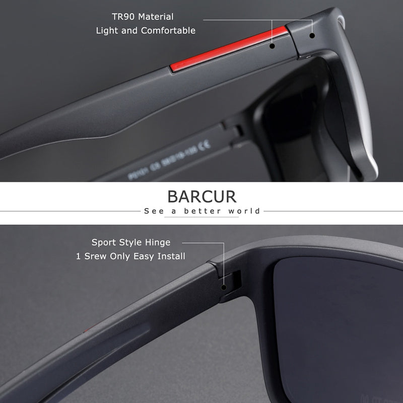 BARCUR Brand Sunglasses Men TR90 Frame Ultralight Polarized Vintage Sun Glasses For Women Square Eyewear UV400 Protection - KiwisLove