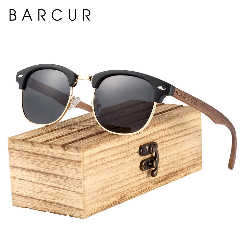 BARCUR Classic Black Walnut Wood Sunglasses Men Polarized Sun Glasses Women Handmade Wood Eyewear Oculos - KiwisLove