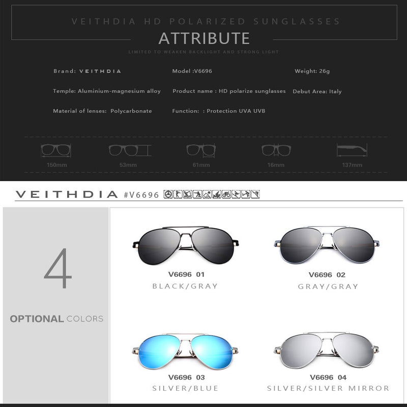 VEITHDIA Sunglasses Fashion Brand Designer Unisex Aluminum Men Women Sun Glasses Polarized Mirror Male Eyewear For Female 6696 - KiwisLove