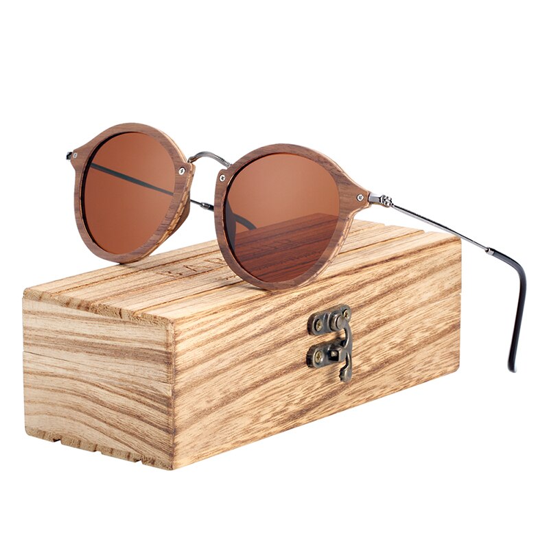 BARCUR Zebra Wood Sunglasses Handmade Round Sun Glasses Men Polarized Eyewear with Box Free - KiwisLove