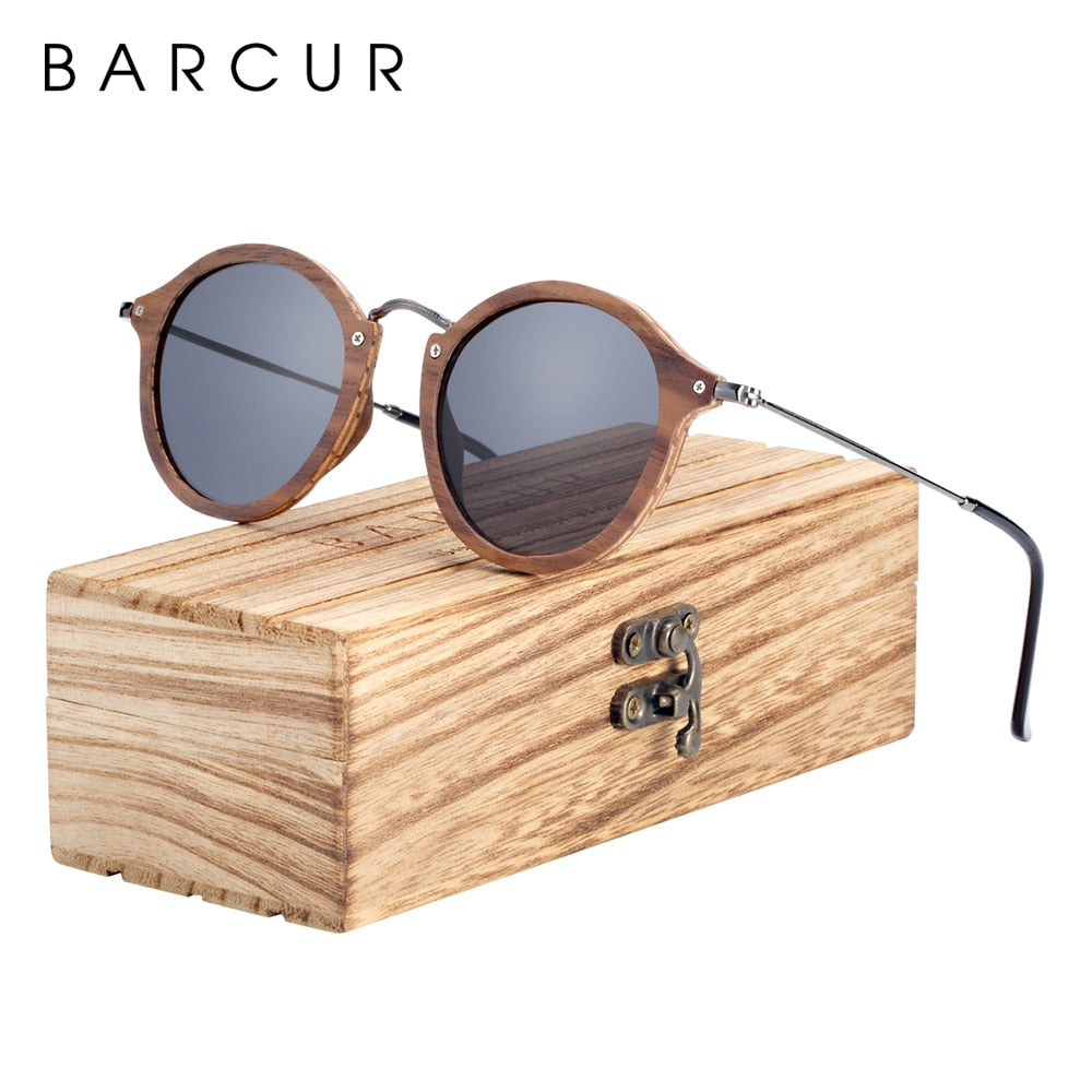 BARCUR Vintage Natural Black Walnut Sunglasses Round Polarized Wooden Sun Glasses Men Women Oculos De Sol Masculino - KiwisLove