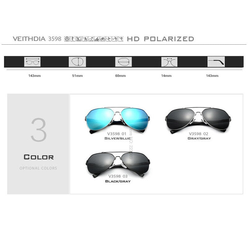 VEITHDIA Brand Men's Aluminum Women Sunglasses Outdoor Sports Polarized VU400 Lens Eyewear Sun Glasses For Men Male Female 3598 - KiwisLove