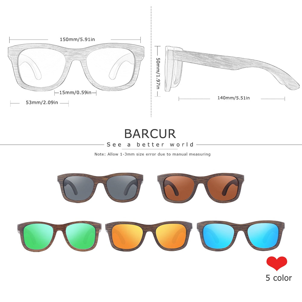 BARCUR Stylish Wooden Sunglasses Brown ECO-Friendly Polarized Square Sun Glasses Men Light Weight Classic Vintage Women Eyewear - KiwisLove