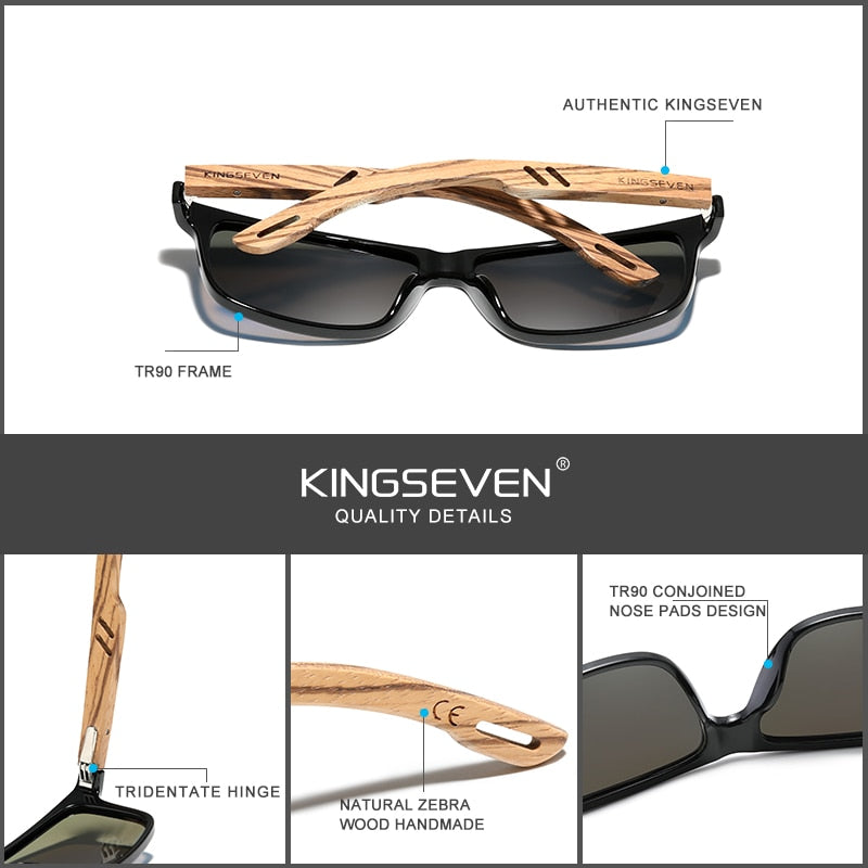KINGSEVEN 2019 Polarized Square Sunglasses Men Women Zebra Wooden Frame Mirror Flat Lens Driving UV400 Eyewear - KiwisLove