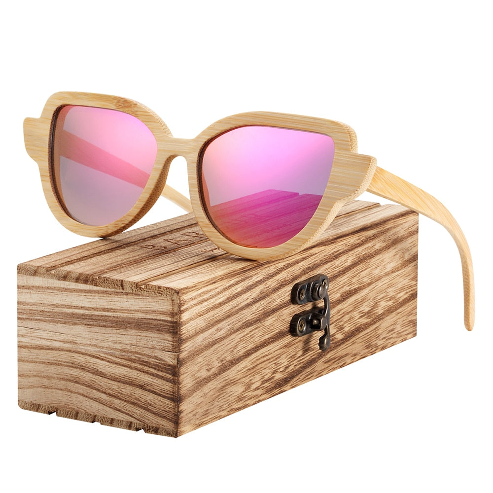 BARCUR Cat Eye Sunglasses Bamboo Polarized Natural Wood Sun glasses Anti-Reflective shades oculos de sol feminino - KiwisLove