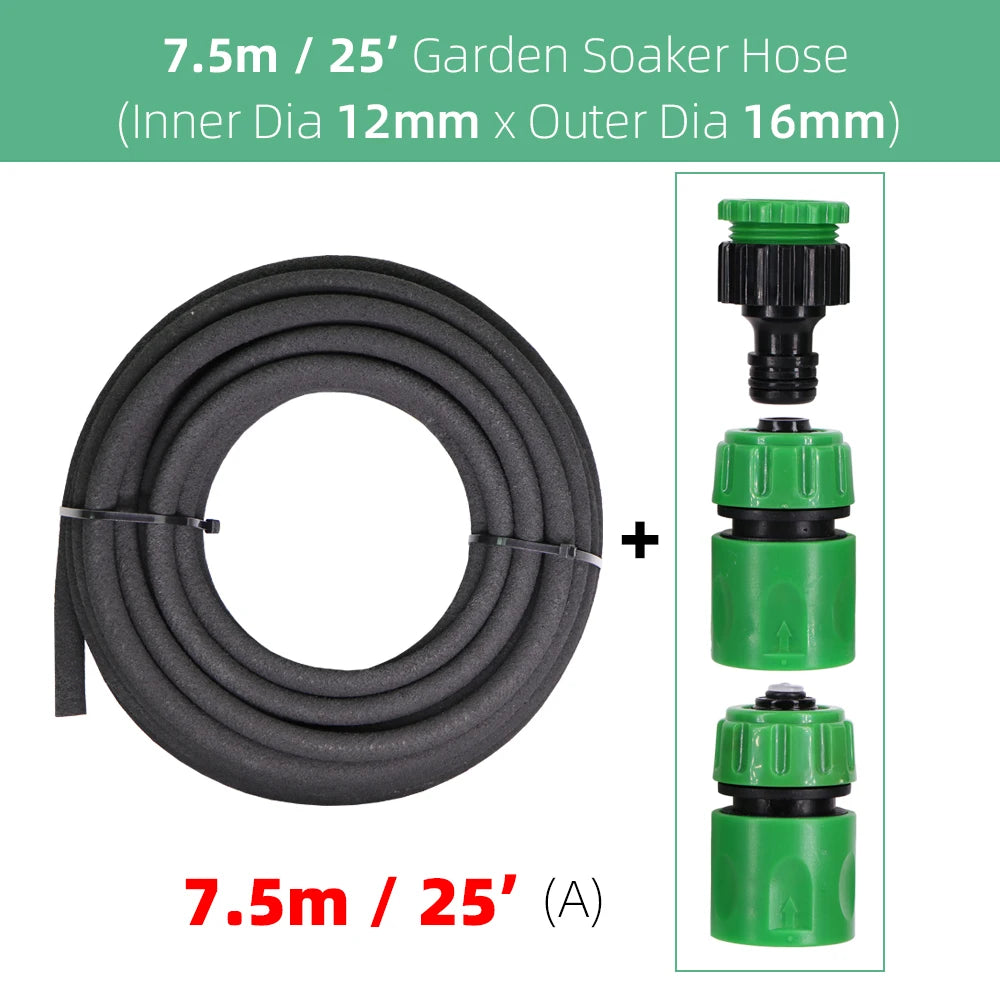 One ID-12MM OD-16MM Garden Soaker Watering Hose 7.5m /15m Porous Irrigation Tubing Permeable Pipe w/ Additional Hose Connectors