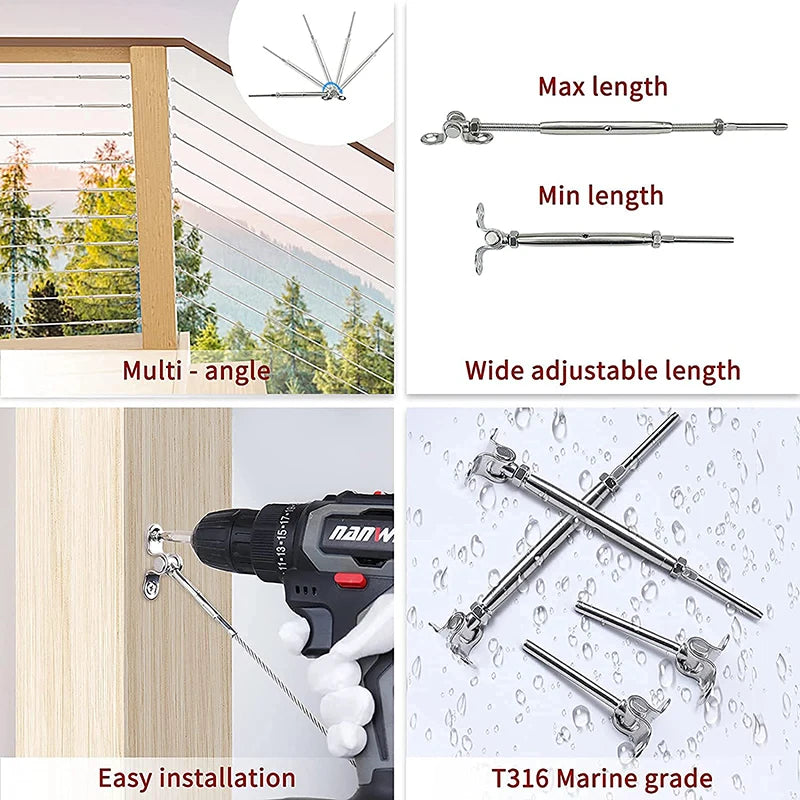 10pcs Cable Railing Kit 3/16" Swage Toggle Turnbuckle Hardware Angle 180°Adjustable T316 Stainless Steel for Wood Post