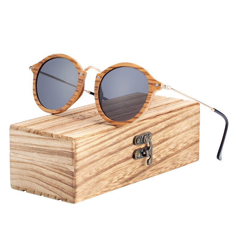 BARCUR Zebra Wood Sunglasses Handmade Round Sun Glasses Men Polarized Eyewear with Box Free - KiwisLove