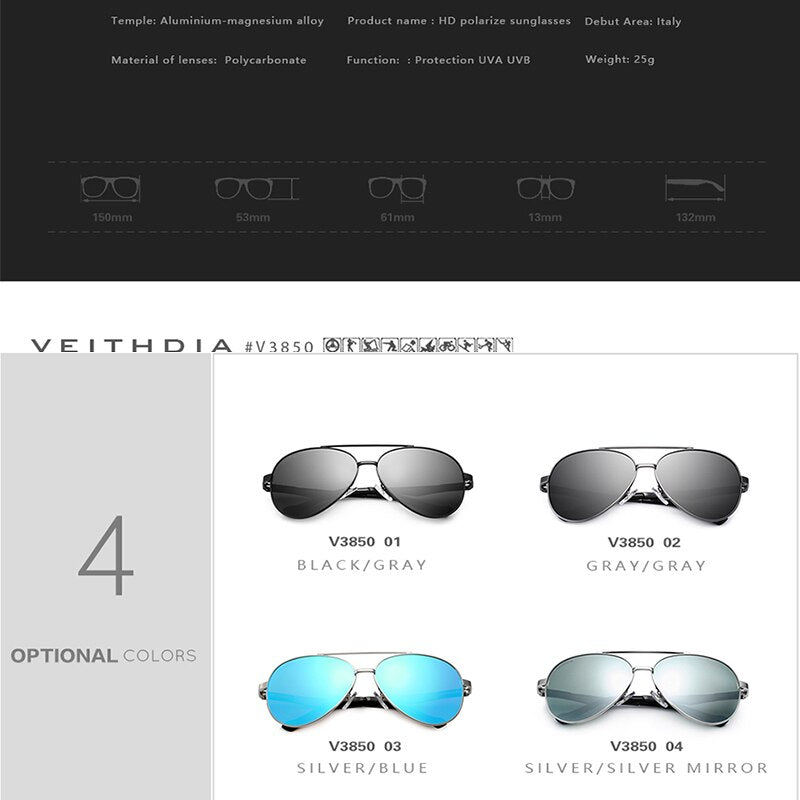 VEITHDIA Polarized Sunglasses Men Aluminum Sports Pilot Fashion Women Sun Glasses Male Eyewear UV400 Lens For Female V3850 - KiwisLove